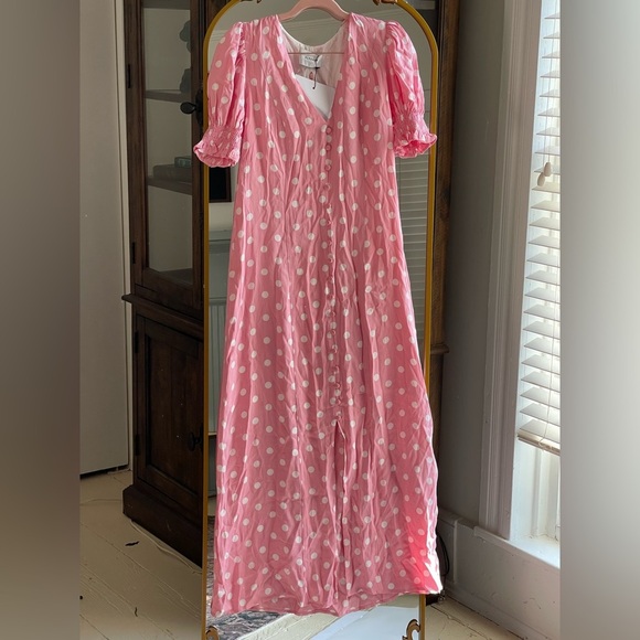 NWT SLEEPER Bella Pink and White Polka-Dot Midi Spring Dress - Picture 2 of 6